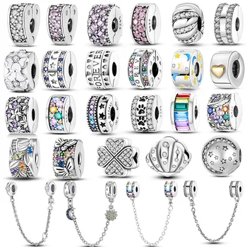 Серебряные подвески 925 пробы, застежка-клипса, фианит, бусины-заглушки для защитной цепочки, подходящие к оригинальному браслету Pandora, женские модные украшения своими руками
