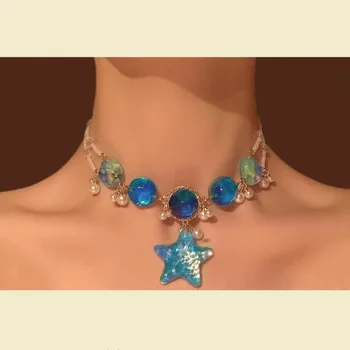 Сияющее ожерелье с пентаграммой в виде морской звезды для женщин, Винтажное Эстетичное Романтическое Колье из жемчужных бусин, ювелирные аксессуары Y2k