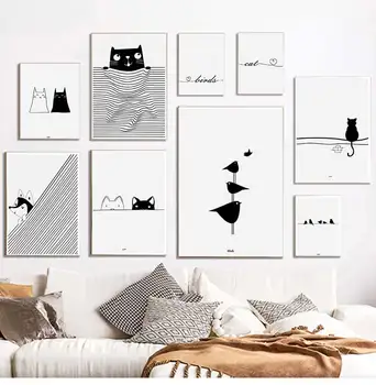 Скандинавский черно-белый рисунок на холсте с принтами абстрактных кошек, Женский настенный художественный плакат, минималистичные картины для домашнего декора