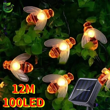 Солнечный струнный светильник 100 LED Cute Bee Outdoor Light Свадьба Домашний сад Патио Вечеринка Рождественская елка Лампа для декора Honeybee Fairy