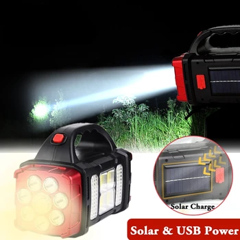 Солнечный фонарик Портативный мощный USB перезаряжаемый светодиодный рабочий фонарь COB с 4 передачами, водонепроницаемый для кемпинга на открытом воздухе