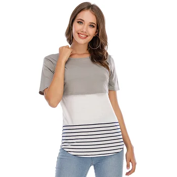 Стильная футболка с цветными вставками для беременных женщин: одежда для кормления с короткими рукавами и круглым вырезом