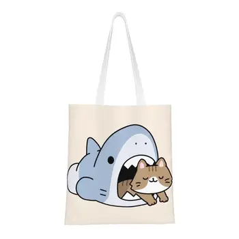 Сумки для покупок с продуктами Cat Shark, холщовые сумки для покупок, сумки через плечо, портативные сумки с животными из мультфильмов аниме большой емкости