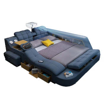 Технологичная умная кровать из натуральной кожи Многофункциональные кровати с обивкой для массажа Ultimate Camas с подсветкой Bluetooth, динамиком, проектором