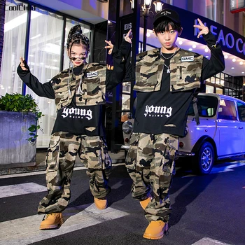 Уличная одежда для мальчиков, камуфляжный жилет в стиле хип-хоп для девочек, брюки-карго, детский костюм для уличных танцев в стиле милитари, модный подростковый наряд