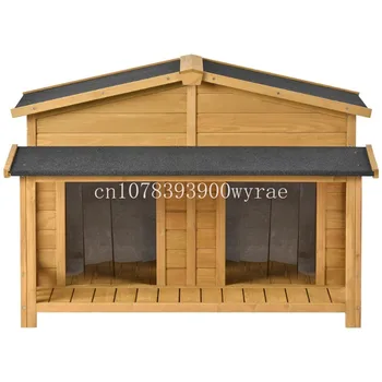 Уличный и закрытый домик для собак в стиле домика с крыльцом, 2 двери, 47,2 дюйма, большой деревянный домик для собак на открытом воздухе