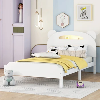 Уникальная двуспальная кровать, симпатичная деревянная кровать-платформа с изголовьем в форме медведя, ночники с активацией движения, для детской спальни