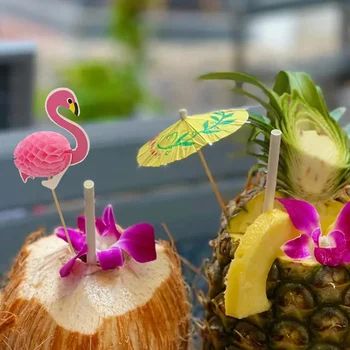 Фруктовые палочки, вставки для Гавайского торта, Топперы для кексов с фламинго, Декор для летнего пляжа на День рождения