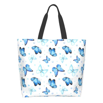 Хозяйственная сумка Blue Butterflies многоразового использования, Красивая сумка-тоут, Акварельная сумка через плечо, повседневная, легкая, большой емкости
