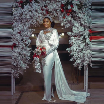 Хорошее качество Аппликации Бусины Свадебные платья Русалочки с атласной верхней юбкой Vestido De Novia Свадебные платья с высоким воротом и длинными рукавами