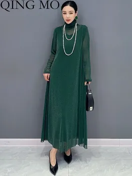 ЦИН МО 2023 Весна Осень Новое Повседневное Элегантное платье с высоким воротом и длинными рукавами в корейском стиле, женское платье цвета Хаки, Зеленое, модное ZXF3523