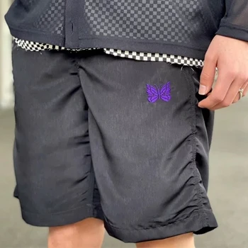 Черные нейлоновые шорты Needles Мужские женские Фиолетовые шорты Needles с логотипом Butterfly, Уличные Сетчатые бриджи y2k