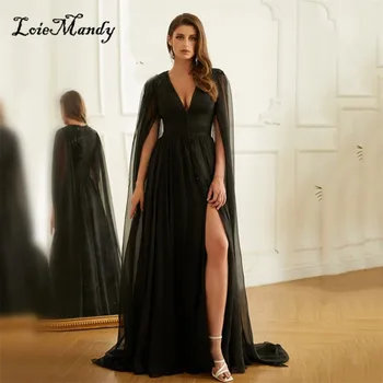 Черные платья для выпускного вечера с разрезом по бокам, длинные Элегантные платья с аппликацией из кружева и шифона, вечерние платья для женщин, большие размеры, Vestidos de noche
