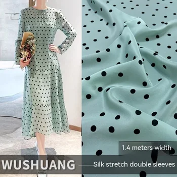 Шелковая Крепдешиновая ткань, весенне-летнее платье-рубашка, фасолево-зеленый принт в горошек, Дизайнерская модная ткань оптом