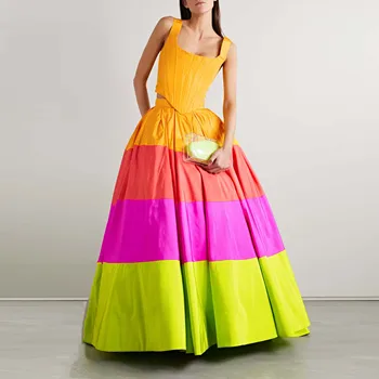 Шикарная многоуровневая полосатая юбка Макси из шелка-фай, бальное платье из четырехцветной тафты, юбка для выпускного вечера, цветная атласная юбка для вечеринки на заказ