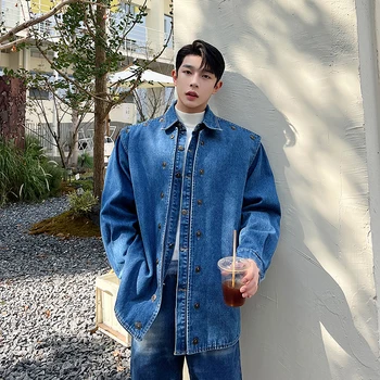 Шикарная уличная бомбежка Небольшой группы Джинсовая рубашка в стиле ретро тяжелой промышленности Корейский дизайн Универсальное пальто Мужская одежда в стиле хип-хоп для мальчиков