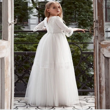 Элегантность, Богемные кружевные аппликации для Первого причастия, платья с цветочным узором для девочек, свадебные платья трапециевидной формы, детские нарядные платья с полудлинными рукавами