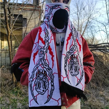 Эстетичный жаккардовый женский вязаный шарф с неправильным рисунком Y2K, готический Гранж, черный, красный шарф с кисточками, Зимняя корейская роскошная шаль 