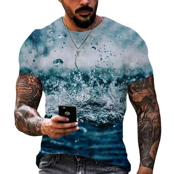 2023 Мужская летняя футболка с 3D рисунком капель воды, Круглая горловина, Свободная рубашка с короткими рукавами, повседневные топы в уличном стиле оверсайз