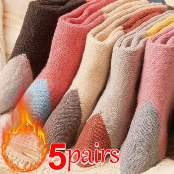 5 Пар Высококачественных женских мужских осенне-зимних носков в винтажном стиле в стиле пэчворк из кроличьей шерсти, утепленные хлопчатобумажные носки