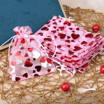 50 шт./лот, красная сумка из органзы с сердечком 9x12 см, подарочная сумка для пары на День Святого Валентина
