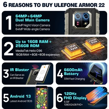 Ulefone Armor 22, 16 Гб 256 ГБ,6,58 дюймов FHD + ,64 мп Ночная камера,33 Вт,6600 мАч,4G,Android 13,NFC,2.4K,120Hz