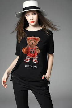 YRYT, Новая летняя женская повседневная свободная футболка с коротким рукавом в стиле пары, играющей в баскетбол, топ с медведем большого размера и круглым вырезом.