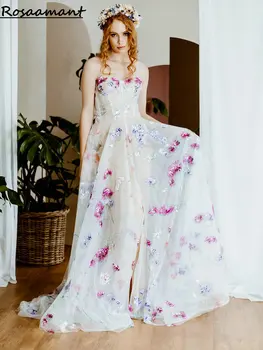 Великолепные свадебные платья с высоким разрезом с цветочным принтом, А-силуэта, без рукавов, свадебные платья в стиле бохо Кантри