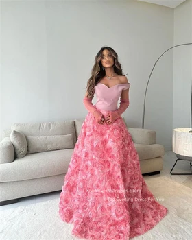 Вечерние платья Xijun Pink с 3D-цветами, Модные Длинные платья для выпускного вечера трапециевидной формы, Саудовский арабик Для женщин, платья для выпускного вечера, вечерние платья 2023