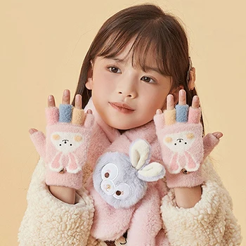 Детские зимние теплые утепленные перчатки, мягкие полупальцевые перчатки без пальцев с животными для девочек, уличные теплые варежки, перчатки для детей