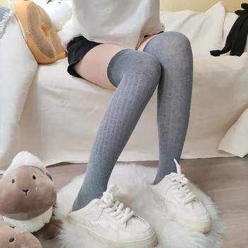 Длинные носки для женщин, черные, белые, серые, хлопковые чулки в полоску выше колена, осенне-зимние теплые вязаные длинные носки-трубочки для девочек