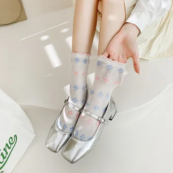 Женские летние носки из тонкой дышащей сетки с буквенно-цифровым рисунком в виде волн и точек, японские носки со средним ворсом