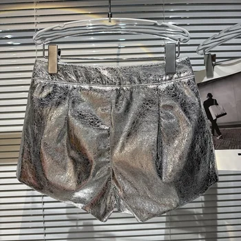 Женские шорты с металлическим отливом, серебристо-черные летние блестящие шорты
