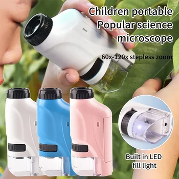 Комплект ручного микроскопа 60-120-кратный Карманный микроскоп со светодиодной подсветкой, научные развивающие детские игрушки, научный микроскоп на батарейках
