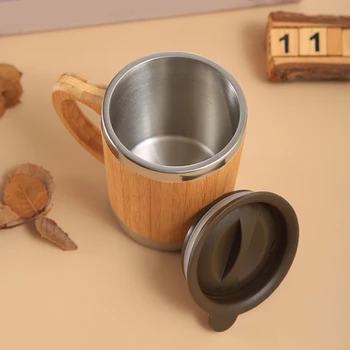 Кофейная кружка в деревенском стиле из бамбука с ручкой-крышкой, Термос из нержавеющей стали, Чайная чашка для чая Латте, шоколада, сока, воды, 12 унций T5EF