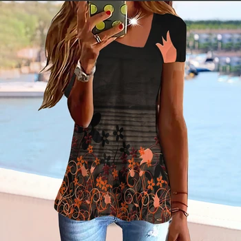Модная женская одежда 2023 года, Летняя женская футболка с 3D цветочным принтом, косой воротник, Топы с коротким рукавом, Новый женский пуловер Оверсайз.