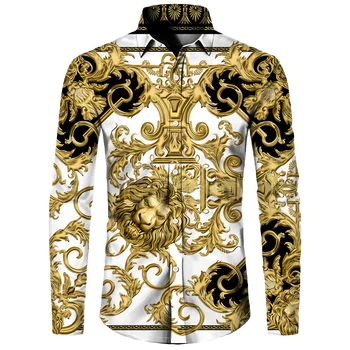 Мужская рубашка с 3D принтом Золотого Льва, топ с длинным рукавом с лацканами и пуговицами, модная уличная одежда в стиле барокко