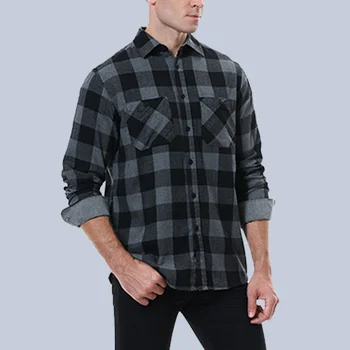 Мужские повседневные фланелевые рубашки в клетку, рубашка на пуговицах с двумя карманами, длинный рукав, обычная посадка, осень