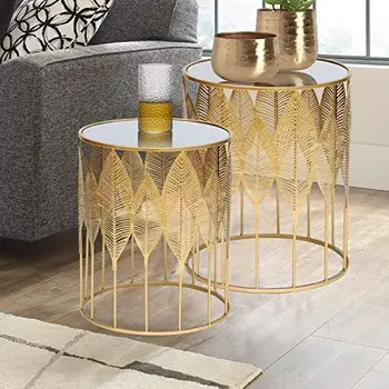 Набор из 2 столиков, журнальный столик с золотой вставкой, декоративные круглые тумбочки (столешница из нержавеющей стали)