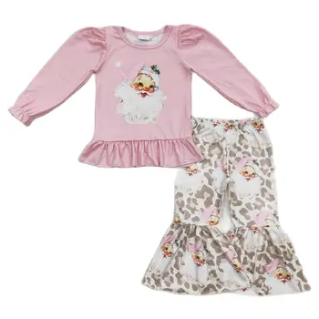 Оптовая продажа, Рождественский комплект Санта-Клауса для маленьких девочек, Леопардовые расклешенные брюки с длинными рукавами, Розовые рубашки, Детская одежда для малышей.