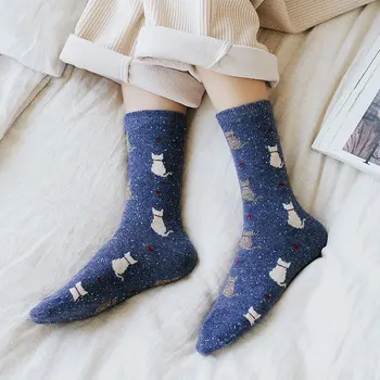 Осенне-зимние утепленные носки с милым котом, японские теплые носки в стиле харадзюку, женские носки в горошек со средней трубкой Kawaii