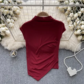 Тонкая асимметричная повседневная футболка с коротким рукавом, Корейский модный укороченный топ, Базовые однотонные футболки, Летняя рубашка, Женская уличная одежда