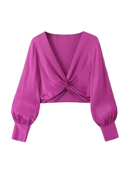 Укороченные топы для женщин 2023, Модная винтажная Элегантная атласная блузка с глубоким V-образным вырезом и узлом спереди, Офисная женская блузка с длинным рукавом, топ