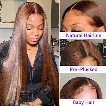 200% Парики из человеческих волос на кружеве шоколадно-коричневого цвета для женщин, предварительно выщипанные, HD Прозрачный прямой парик на кружеве без клея