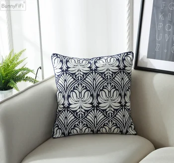 Home Decoractive Вышитый чехол для подушки Темно-синий Цветочный геометрический холст, хлопок, наволочка с квадратной вышивкой 45x45 см