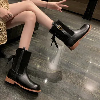 MORAZORA 2023, Новые женские ботинки из натуральной кожи на шнуровке, женские ботинки до середины икры с пряжкой, осенне-зимняя обувь с круглым носком