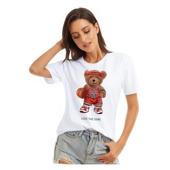YRYT, Новая летняя женская повседневная свободная футболка с коротким рукавом в стиле пары, играющей в баскетбол, топ с медведем большого размера и круглым вырезом.