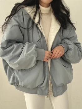 Двустороннее пальто с капюшоном, женские зимние Флисовые утепленные парки Оверсайз, женская повседневная свободная верхняя одежда в корейском стиле на молнии