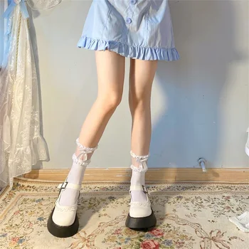 Длинные носки Xingqing y2k Sweet Women Fairycore, эстетичные носки в стиле гранж с оборками, лоскутные носки в стиле Лолиты с бантом для уличной вечеринки