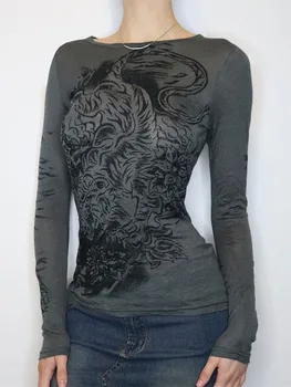 Женские винтажные топы с длинным рукавом и вырезом лодочкой, Облегающие футболки с изображением тигра, Гранжевые топы